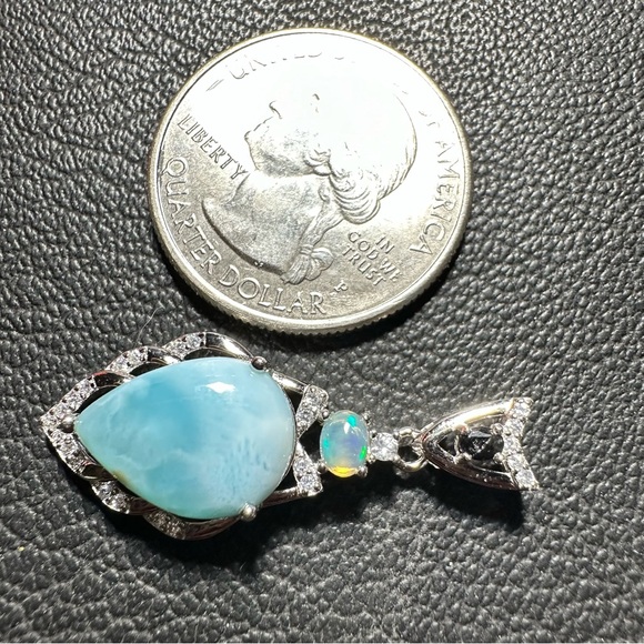 Larimar, Ethiopian Opal, Cubic Zirconia 925 Silver Pendant - Picture 5 of 5